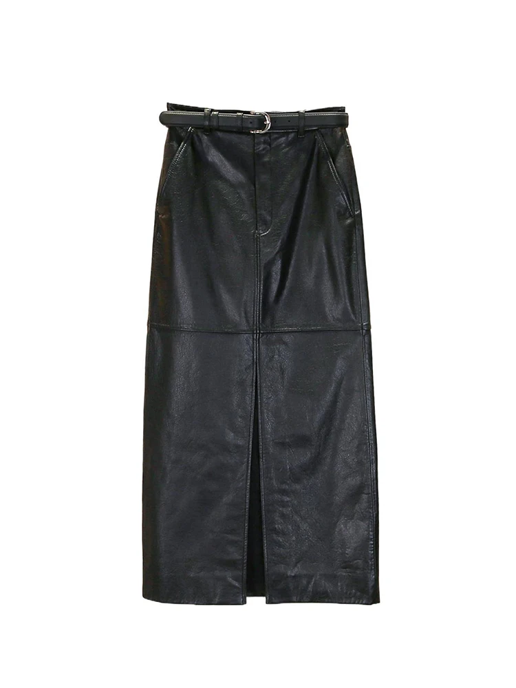 

High Waist Leather Long Skirt Women's Premium Spring 2025 SPCusized Commute Sle Simple A-Line Skirt Polyester Fiber
