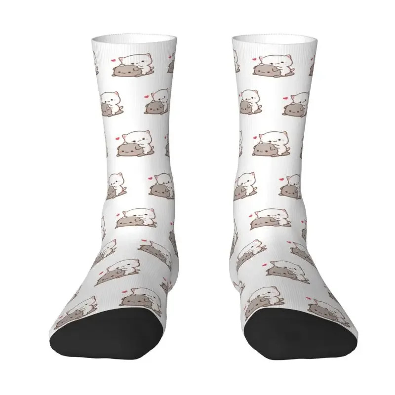 Peach Sitting On Goma Mens Crew Socks Unisex Kawaii 3D Printed Cute Mochi Cat Dress Socks