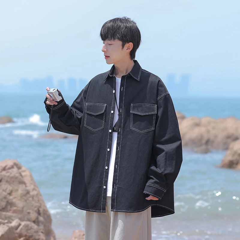 

Teenage Boys Long Sleeve Casual Shirt Trendy Loose Fit Youth Fashion Outerwear Garment Button up Classic Collar All Seasons Wear