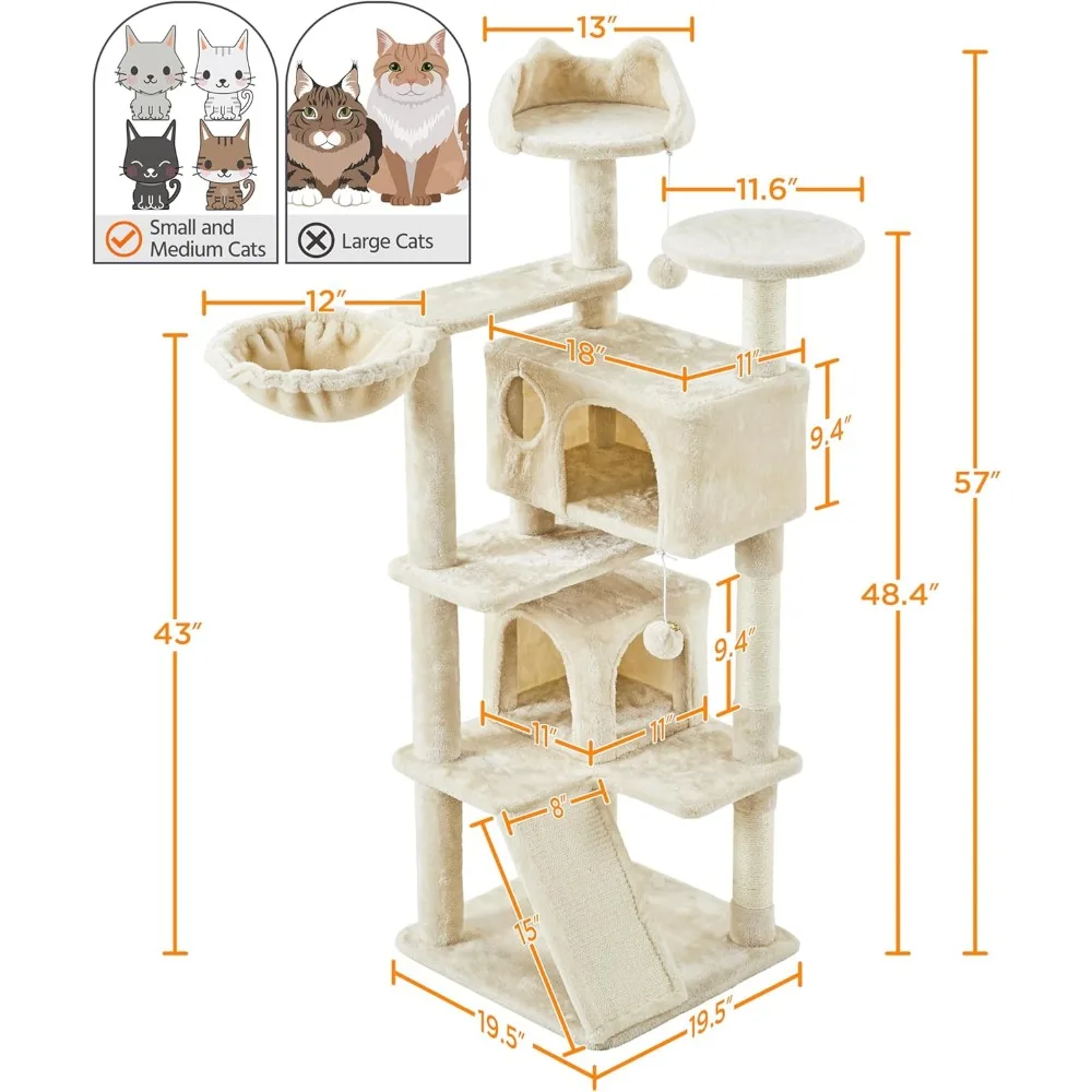 شجرة قطط داخلية مقاس 57 بوصة مع مستويات متعددة، وجثم، وألعاب معلقة