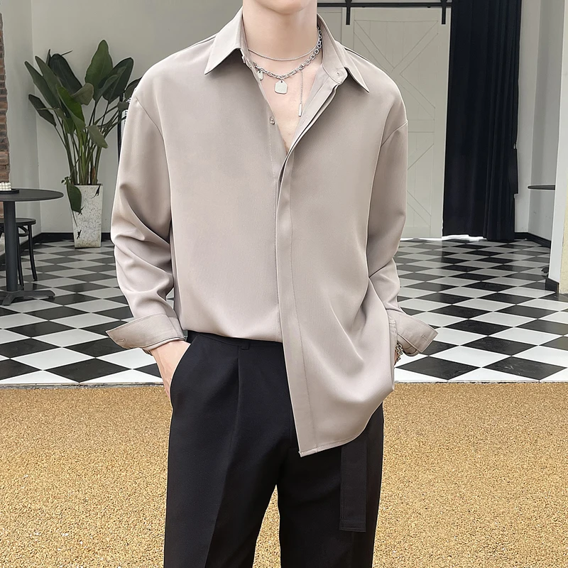 England Men's Shirt Advanced Luxury Silky Drape Shirt Long Sleeve Solid Color Hidden Button Loose Casual Inner Shirt