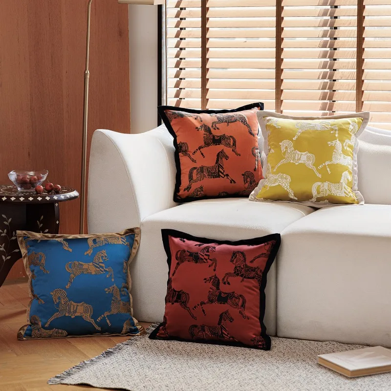 Luxury Vintage Oriental Horse Jacquard Cushion Cover High Precision Decorative Pillowcase  Elegant Satin Cushion Case  for Couch