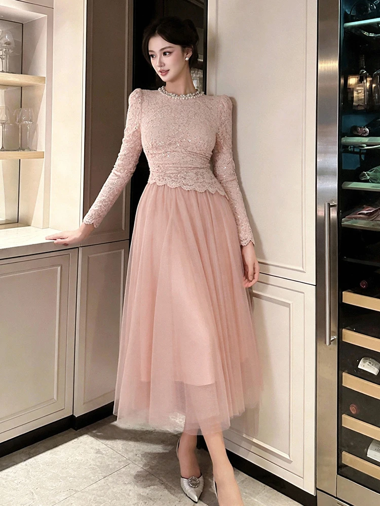 

Spring Women Pink Lace Midi Dress Long Sleeve Tulle Evening Party Dresses Elegant Pearl O Neck Slim A-Line Vestidos Robe Fashion