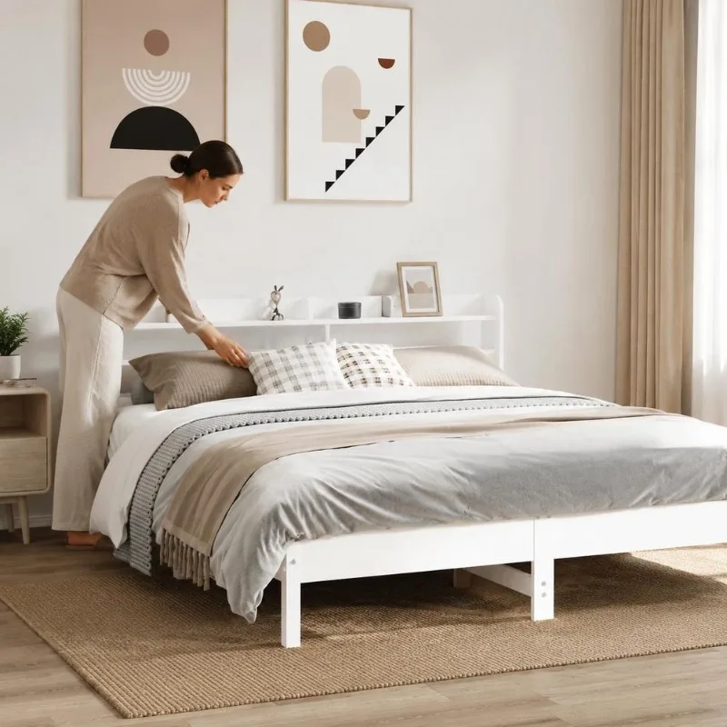 Cadre de lit en pin massif 140 x 200 cm avec sommier à lattes et tête de lit à trois étagères de rangement, style rustique classique pour chambre principale, studio, maison familiale, assemblage facile