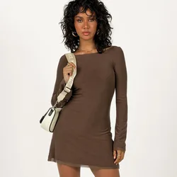Long Sleeve Solid Color Double-Layer Mesh Mini Dress Hollow Out Backless Lace Up Women Sexy Autumn Fashion Streetwear