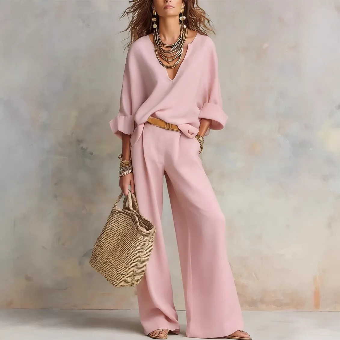 Vintage Women Simple Casual Pure Cotton Linen V Neck Batwing Sleeve Top Wide Leg Pants Casual Loose Outfit For Summer Vacation - view 4