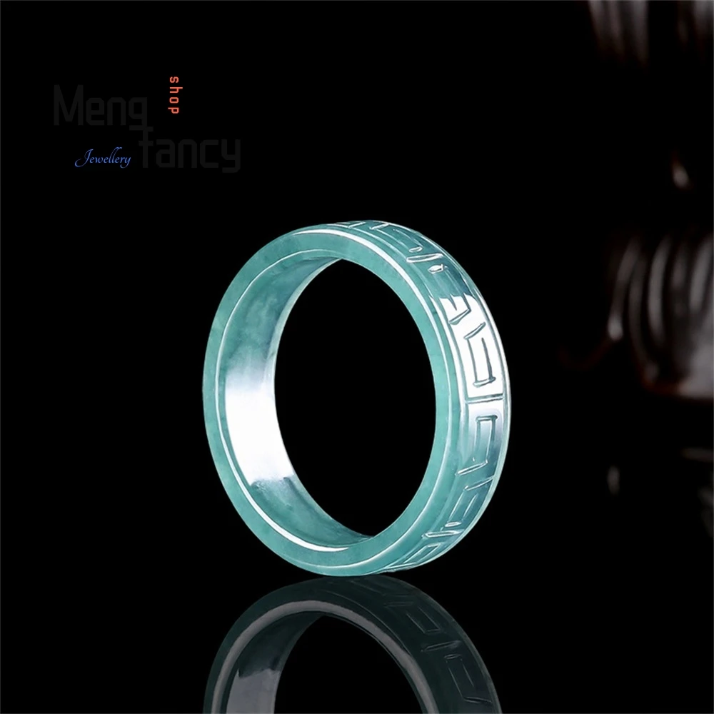 

Original Natural A-Grade Jadeite Blue Water Antique Pattern Square Ring, Ice-Type Jade For Men And Women, Personalized Jade Ring