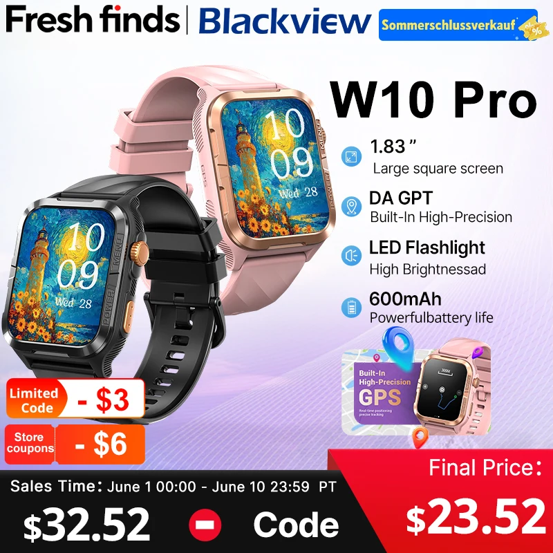 【World premiere】Blackview W10 PRO Smart watch 1.83" Display Outdoor GPS DA GPT 600mAh with LED Flashlight Bluetooth Calling