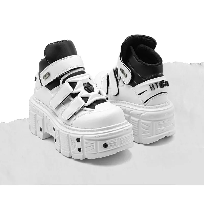 

Couple Thick-soled Punk Boots Chunky Sneakers Men Women High-top White Leather Casual Sneakers Anime Men Shoes Zapatillas Hombre