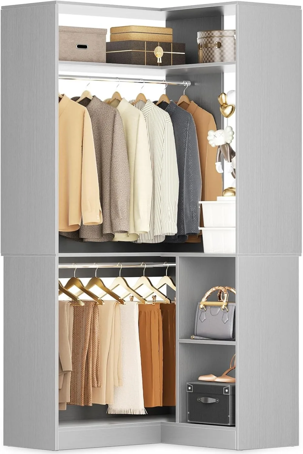 

Corner Closet System with Shelves, 34’’ Closet Organizer System with Hanging Rods, Wood Walk-in Closets for Corner Small Spacee