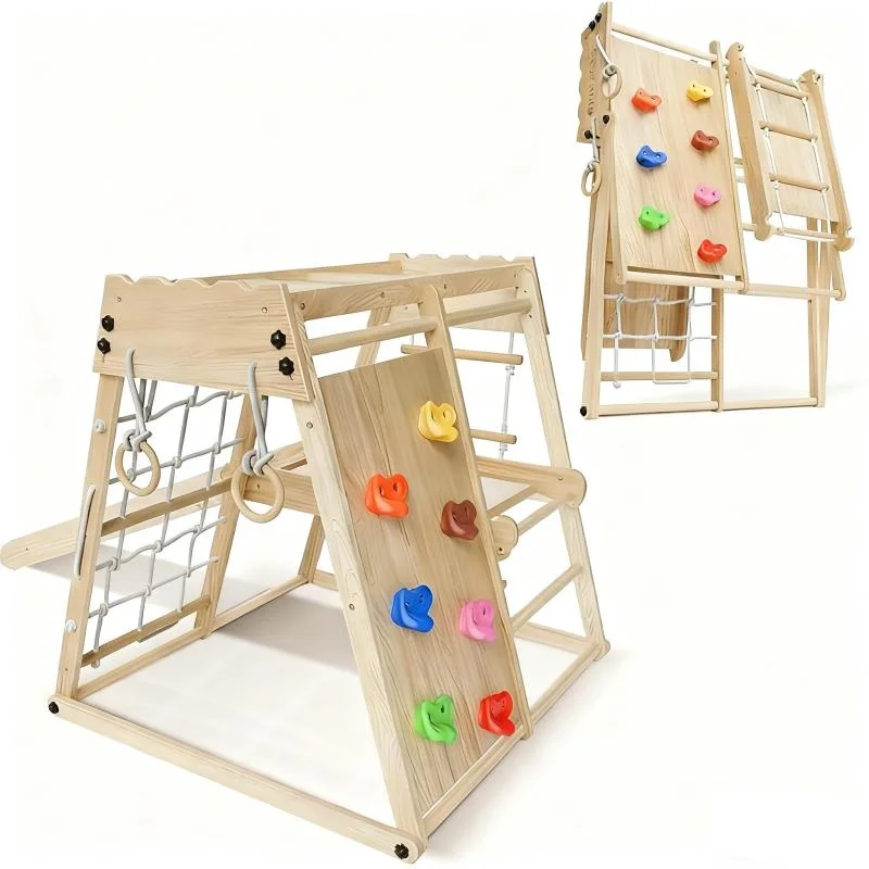 

2026Climbing Frame Children Indoor Playground Slide Climbing Wall Climbing Net Gymnastics Rings Wooden Climbing Tower Foldable S
