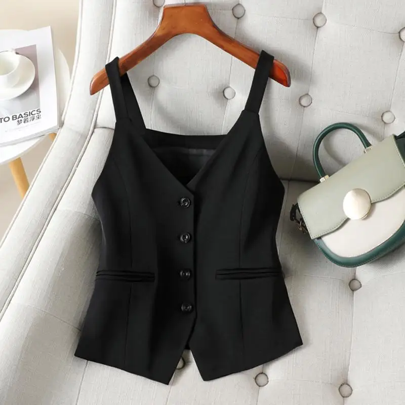 Spring Autumn Womens Black Strap Short Vest Waistcoat