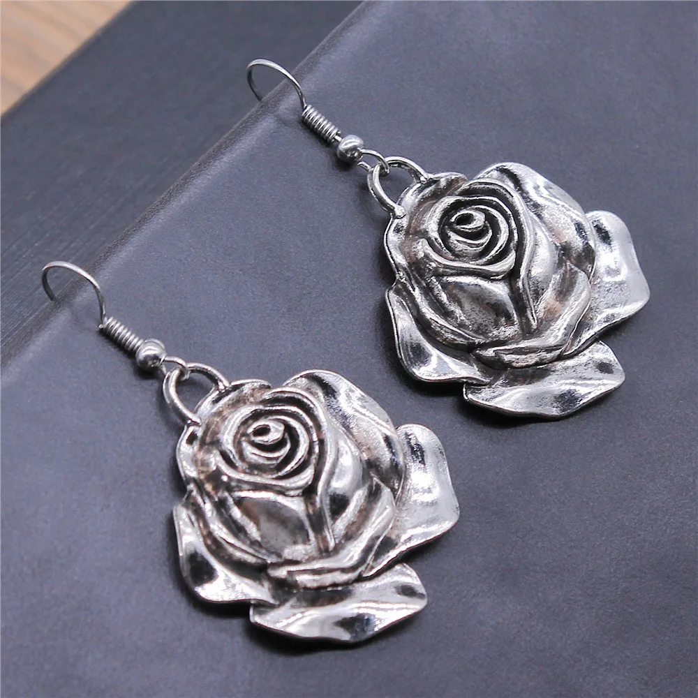 Fashion Handmade Antique Silver Color Rose Pendant Earrings Dropshipping Drop Earrings