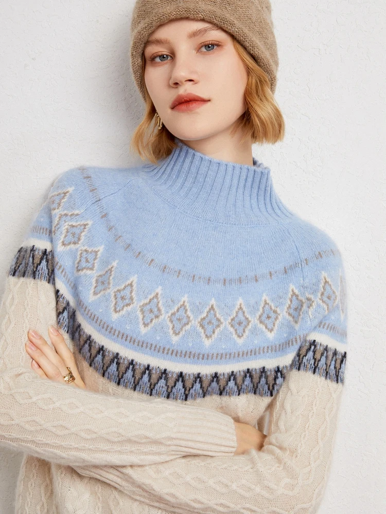 Autumn Winter 100% Cashmere Knitwear Women Ethnic Style Cashmere Sweater Faire Isle Jacquard Sweater Thick Mock Neck Pullover
