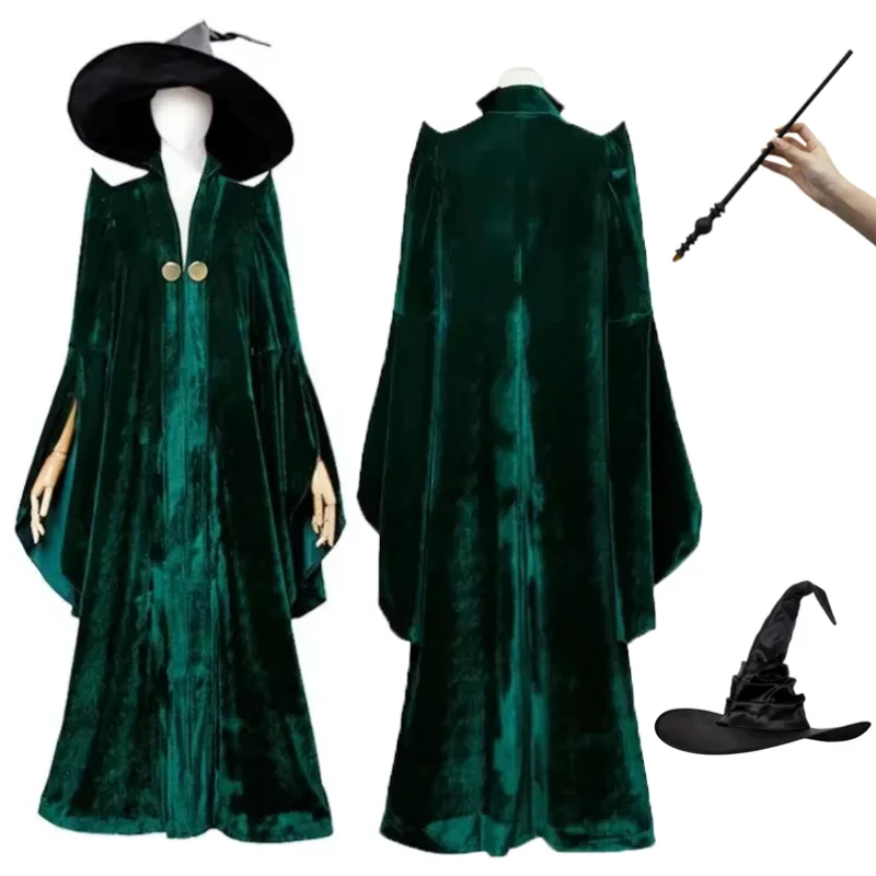

School of Witchcraft and Wizardry Costume Professor Mileva McGonagall College Presidentis Green Robe Hat Canival Party Costumes
