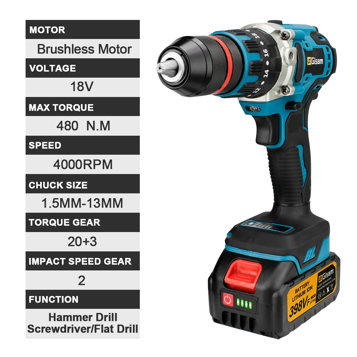 18V 13mm 480NM Brushless Electric Impact Drill Cordless Drill Electric Screwdriver DIY Driver Power Tools for Makita 18V Battery