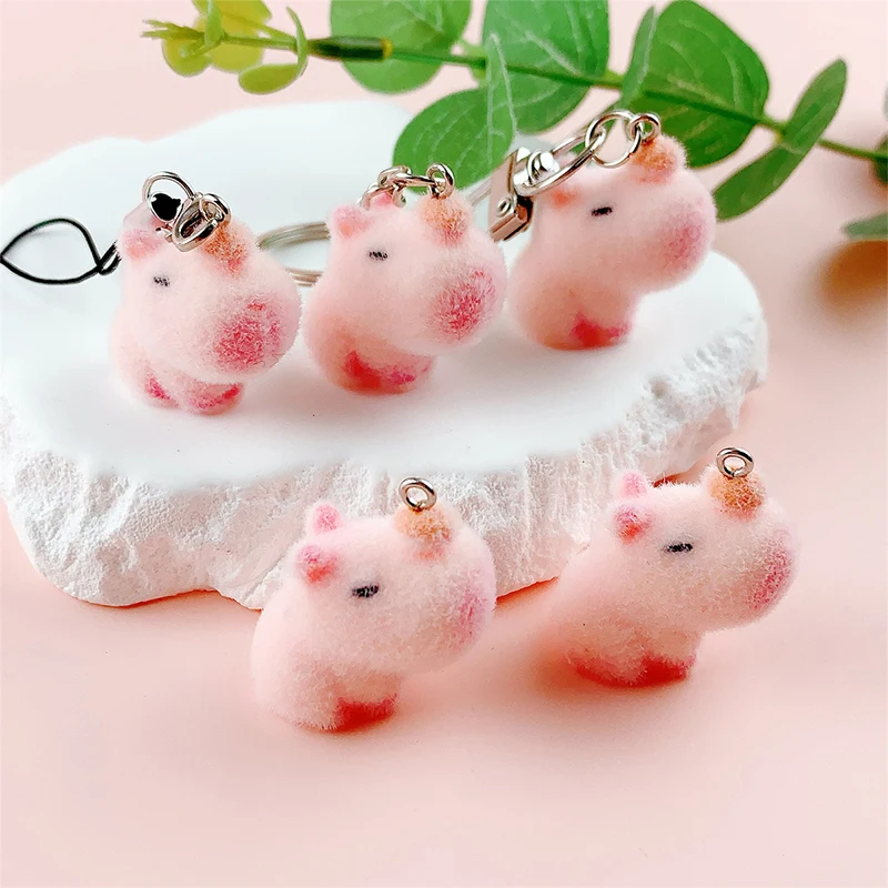 1PC Pink 3D Capybara Flocking Keychain Phone Lanyard Lovely Cartoon Animal Phone Chain Cellphone Charm Keychain Camera Pendant