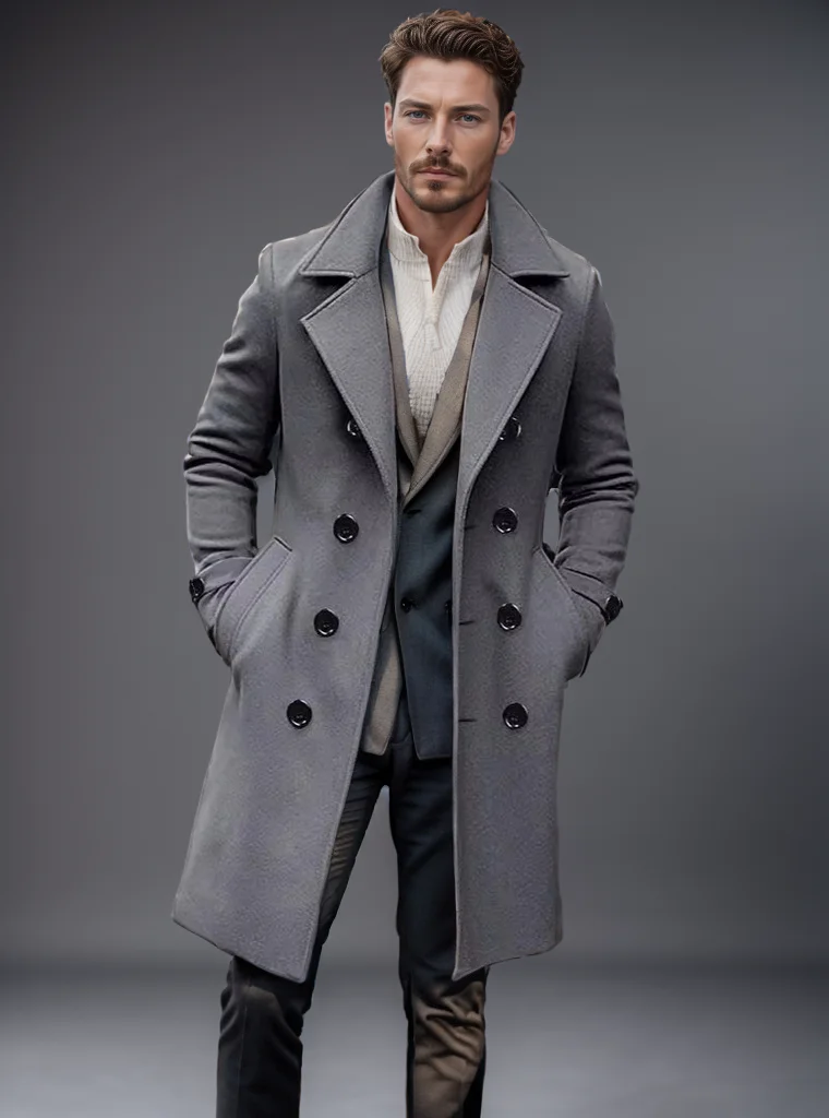 Autumn and winter men\'s woolen coat casual and fashionable double breasted long men\'s woolen coat