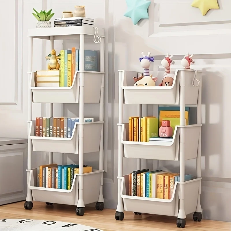 5-Tier Storage Rack - Kids Toy Organizer, Kitchen Snack Rack, Movable Shelf with Side Hooks for Home Organization & Storage