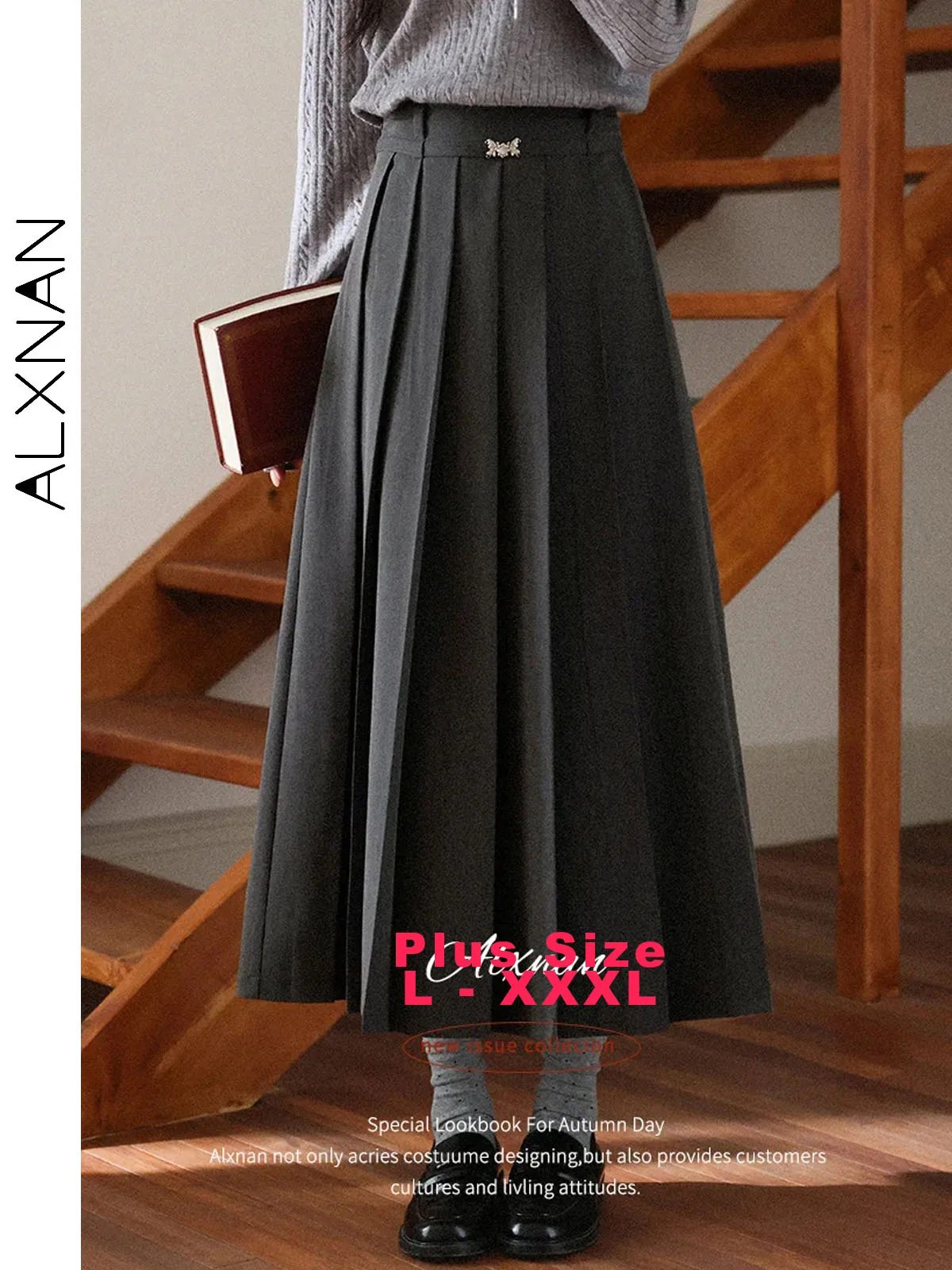 

ALXNAN Plus Size Gray Pleated Skirt High-waist Long A-line Women's Skirts Elegant Office Lady Butterfly Buckle Clothing D12525