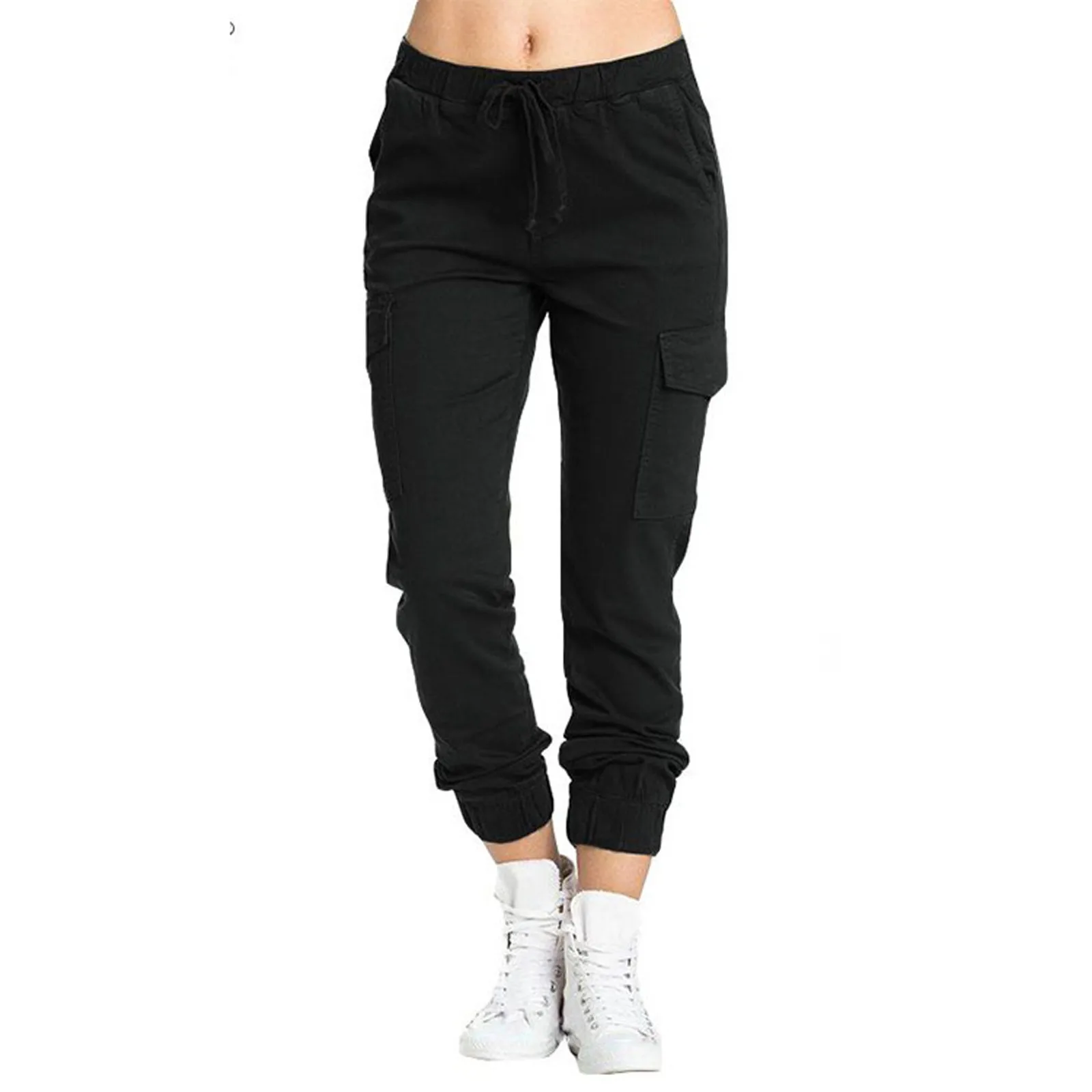 Nowe solidne spodnie damskie Jogger Cargo z wieloma kieszeniami sznurkiem w pasie damskie spodnie sportowe Streetwear długie spodnie na co dzień