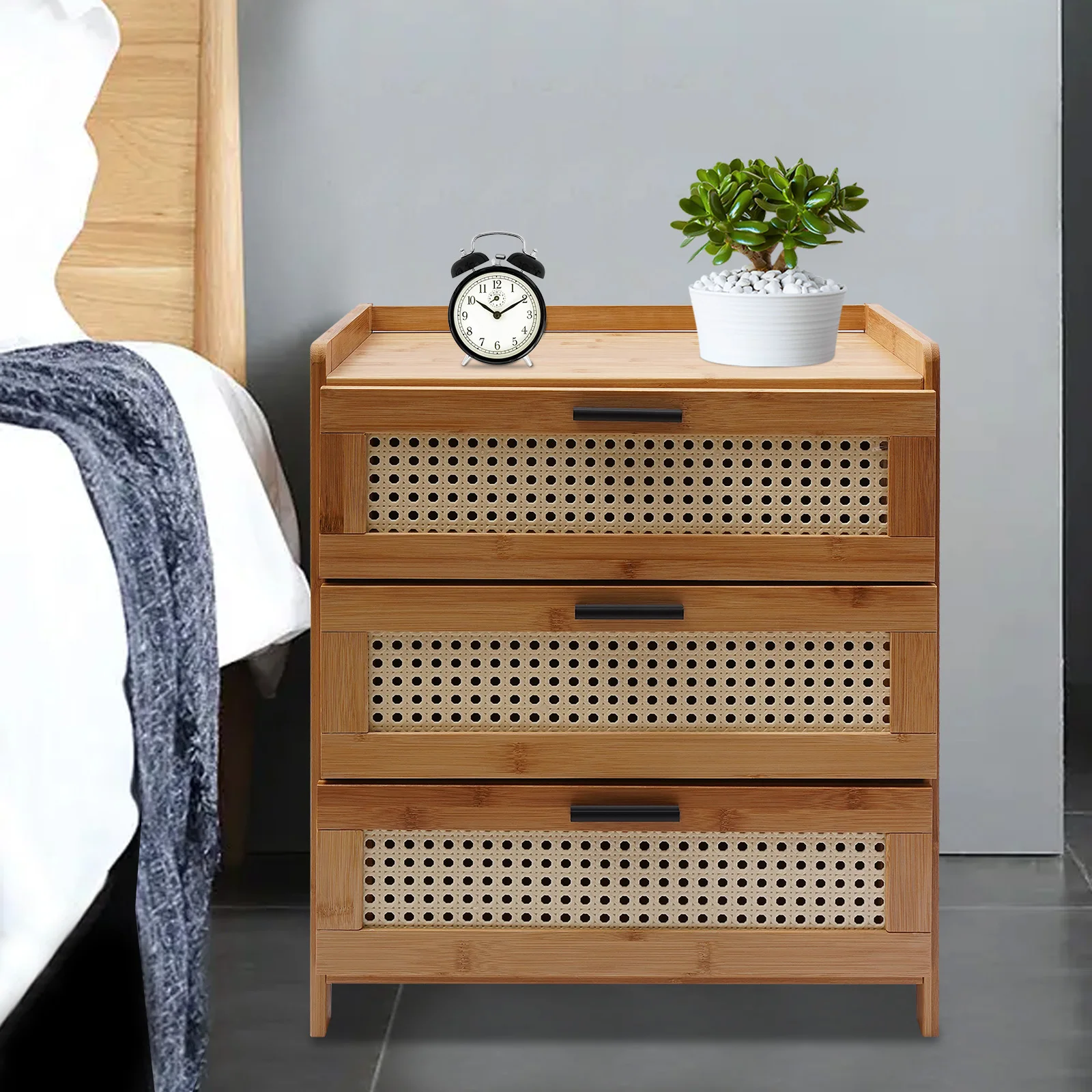 

Modern Bamboo Wood Bedside Table End Table 3 Sliding Drawers Nightstand Storage Cabinet Original Color/Dark Brown