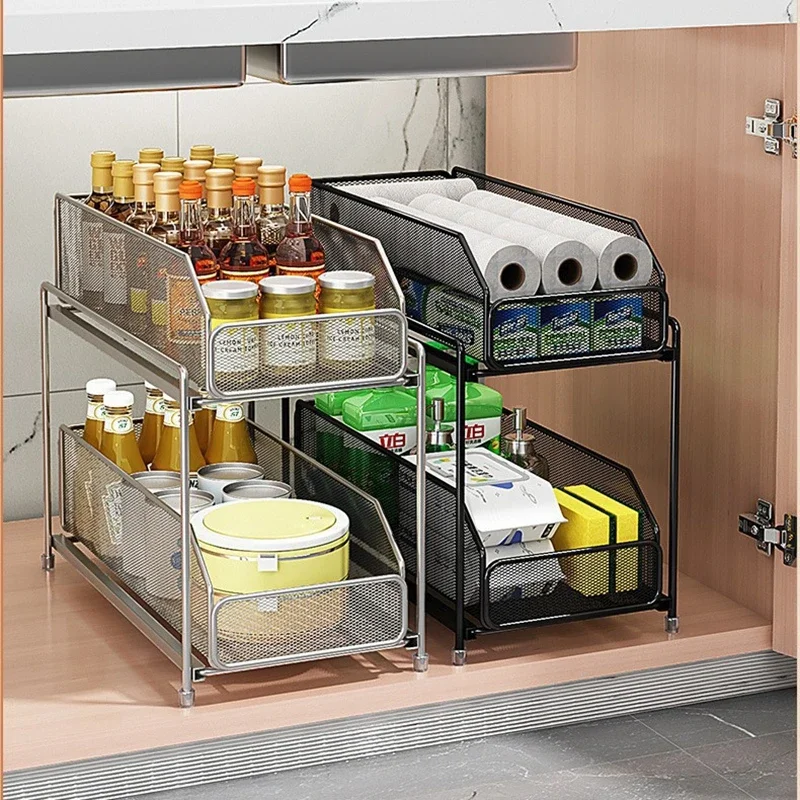 2 Tier Under Sink Organizer Pull Out Cabinet Storage Rack  Kitchen Countertop Spice Seasoning Storage Slide Out Drawer Organizer