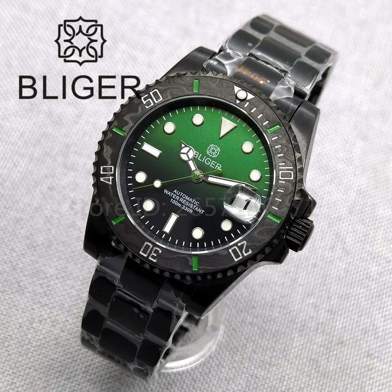 BLIGER 40mm Watch For Men NH35 Automatic Mechanical Wristwatch Full Black Case Sapphire Glass Carbon Fiber Bezel Waterproof Date