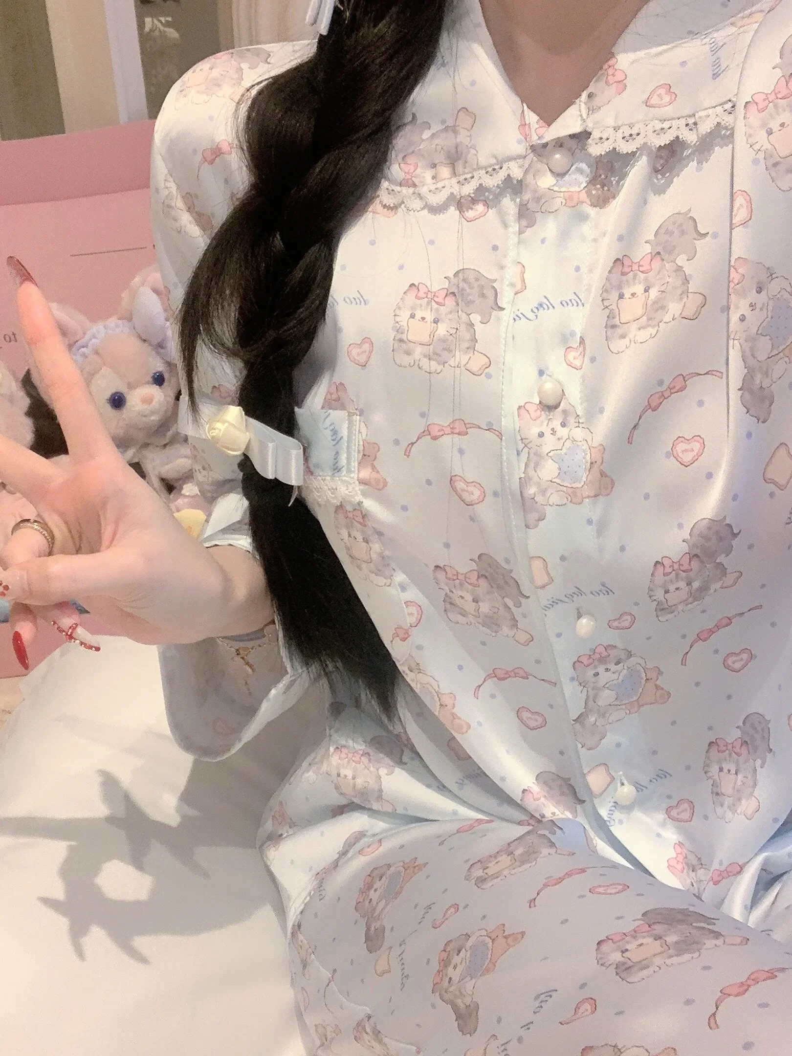 Blue Cat Ice Silk Homewear Pajamas Set Lace Patchwork Turn Down Collar Single Breast Split Pants Cartoon Sweet Soft Sleepwear