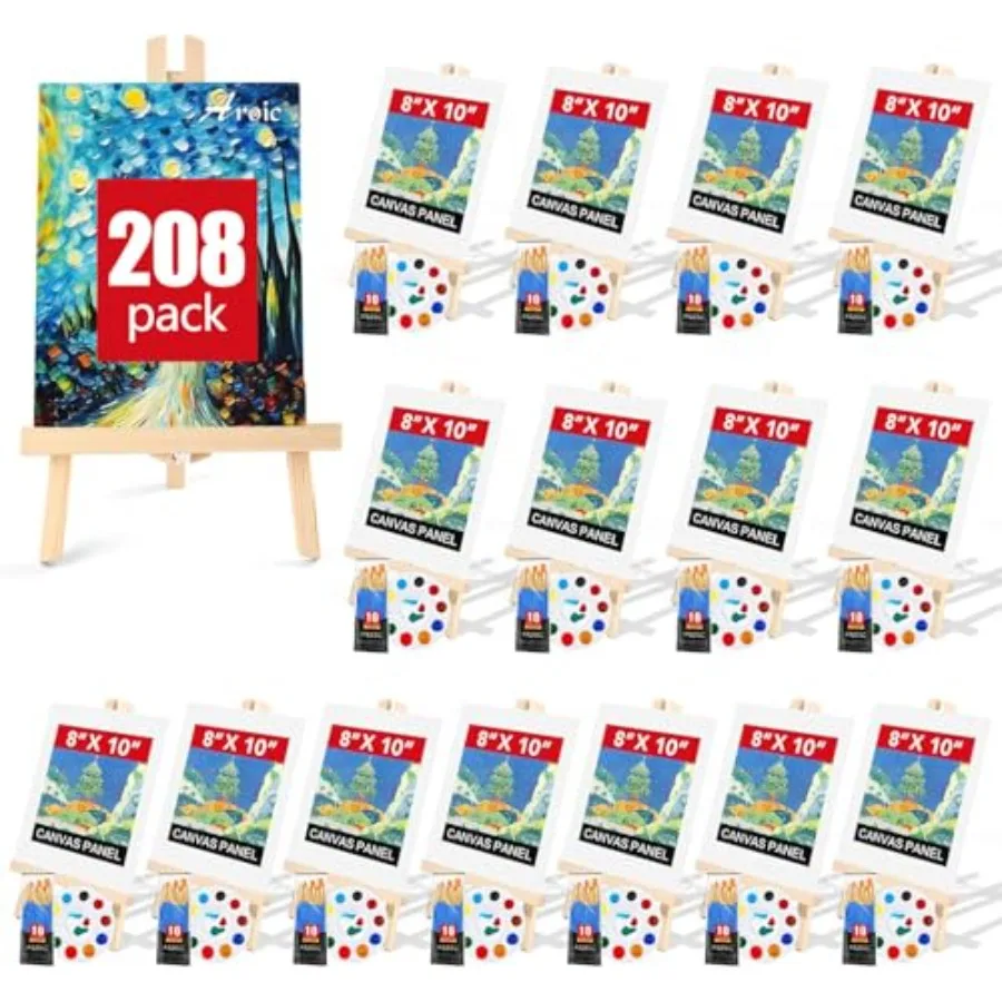 

208 Pack Easel and Canvas Sets with 16 Wood Easels160 Brushes 16 Canvas and 16 Palette Painting Set Tabletop Easel Art Easels P