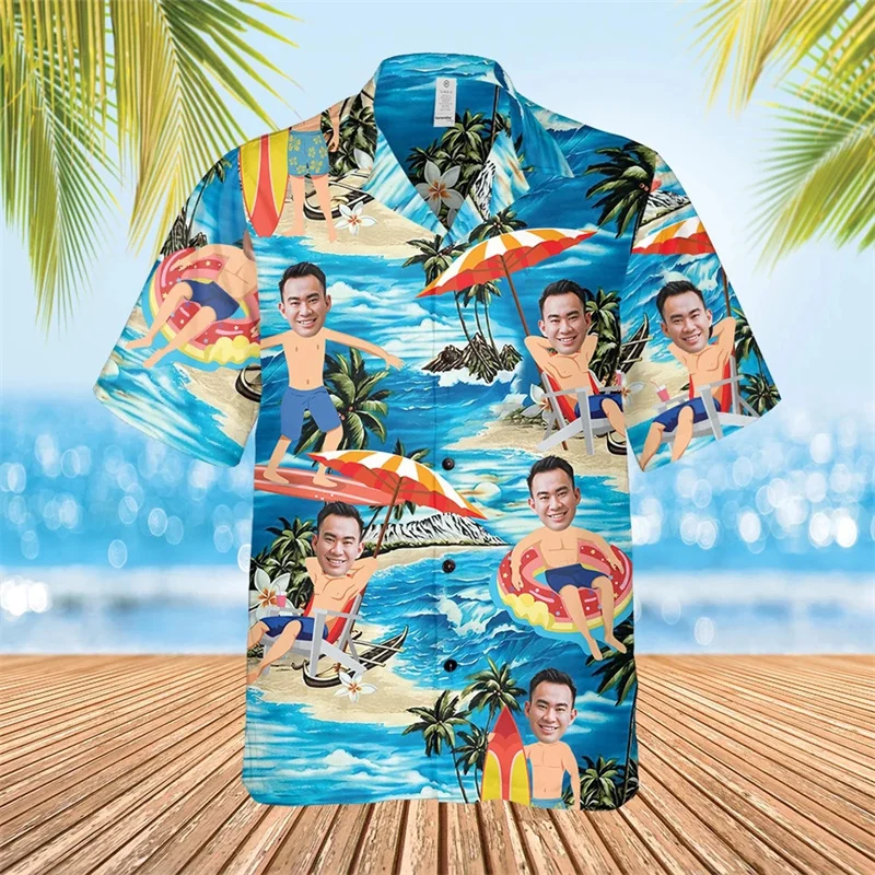 Custom Face Print Men Women Hawaiian Shirt Personalized Photo Beach Scene Turn Down Collar Short Sleeve Summer Vacation Party