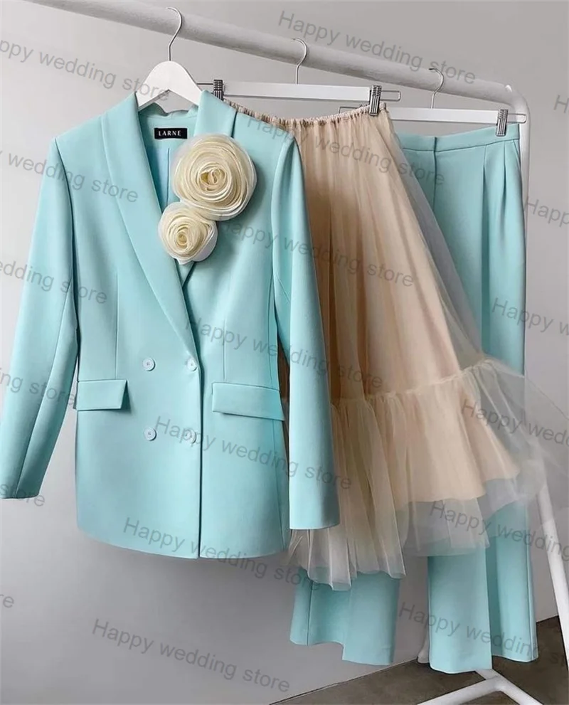 Blue Women Suit Pants Set 2 Piece Blazer+Pants Formal Office Lady 3D Flower Customized Spring Autumn Prom Coat Jacket Trousers