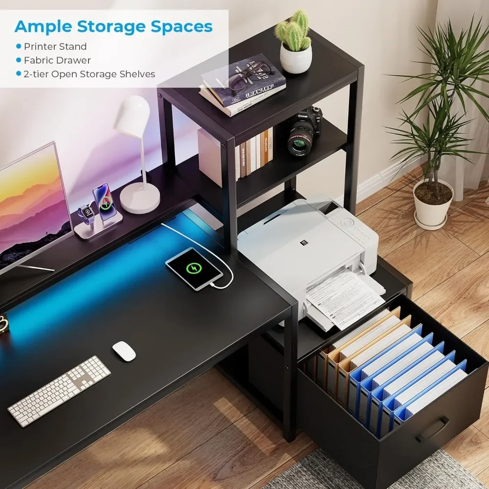 Computer Desk, with Drawer and Printer Shelf, 59 Inch Gaming Desk, with LED Lights and Power Outlets, with Monitor Stand