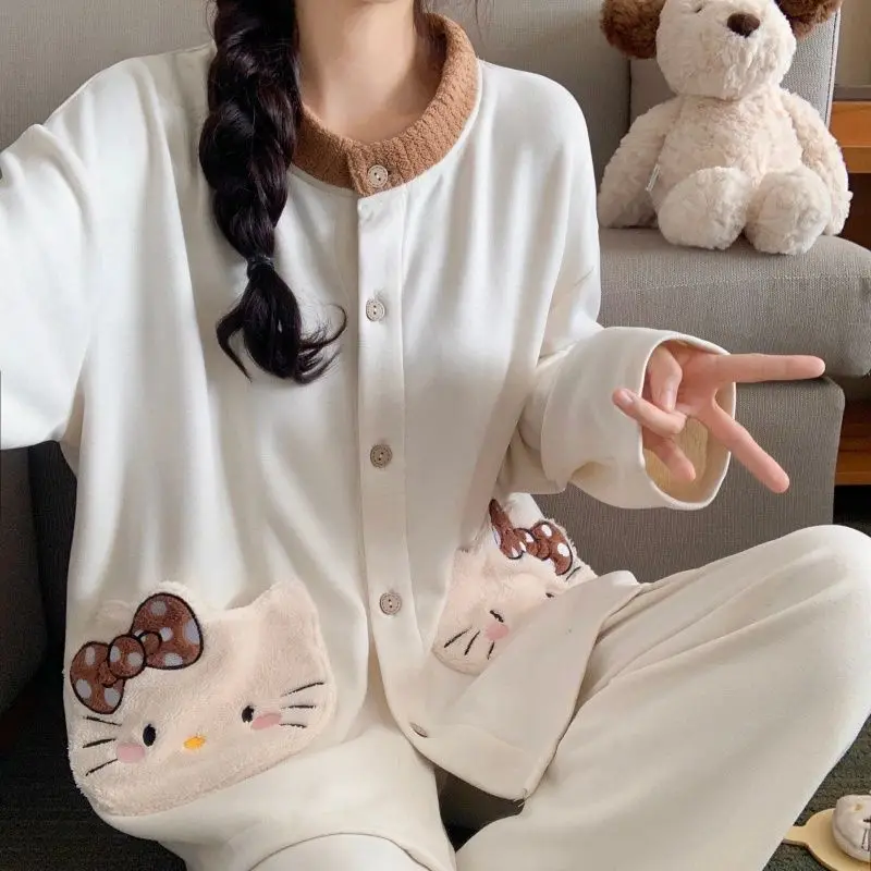 Sanrios Hello Kittys Pajamas Cute Creative Cardigan Cartoon Hot Selling Home Clothes Casual Girls Fashion Long Sleeve Thickened