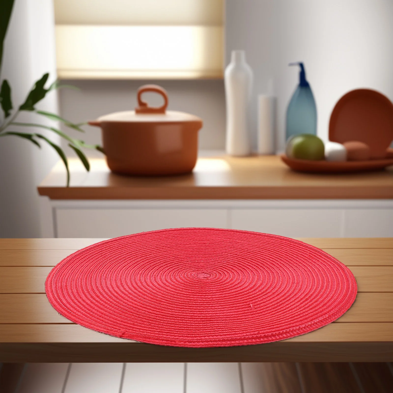 6 قطعة المفارش المنسوجة المستديرة مضفر الروطان نمط الجدول الحصير العزل الحراري ديكور استخدام حفل زفاف وعيد ميلاد المفارش الحمراء