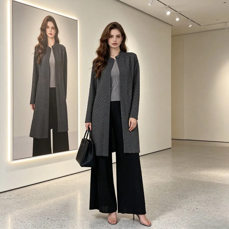 Miyake Pleated 2026 Autumn New Fashion Heavy Embroidery Trench Coat Vintage Jacquard Elegant Versatile Long Cardigan Coat Pleat