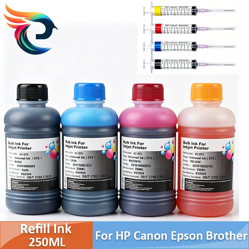 250ML Refilled Dye Ink Photo Universal Ink Compatible For HP Canon Epson Brother Ink Cartridges For HP301 302 304 305 664 545