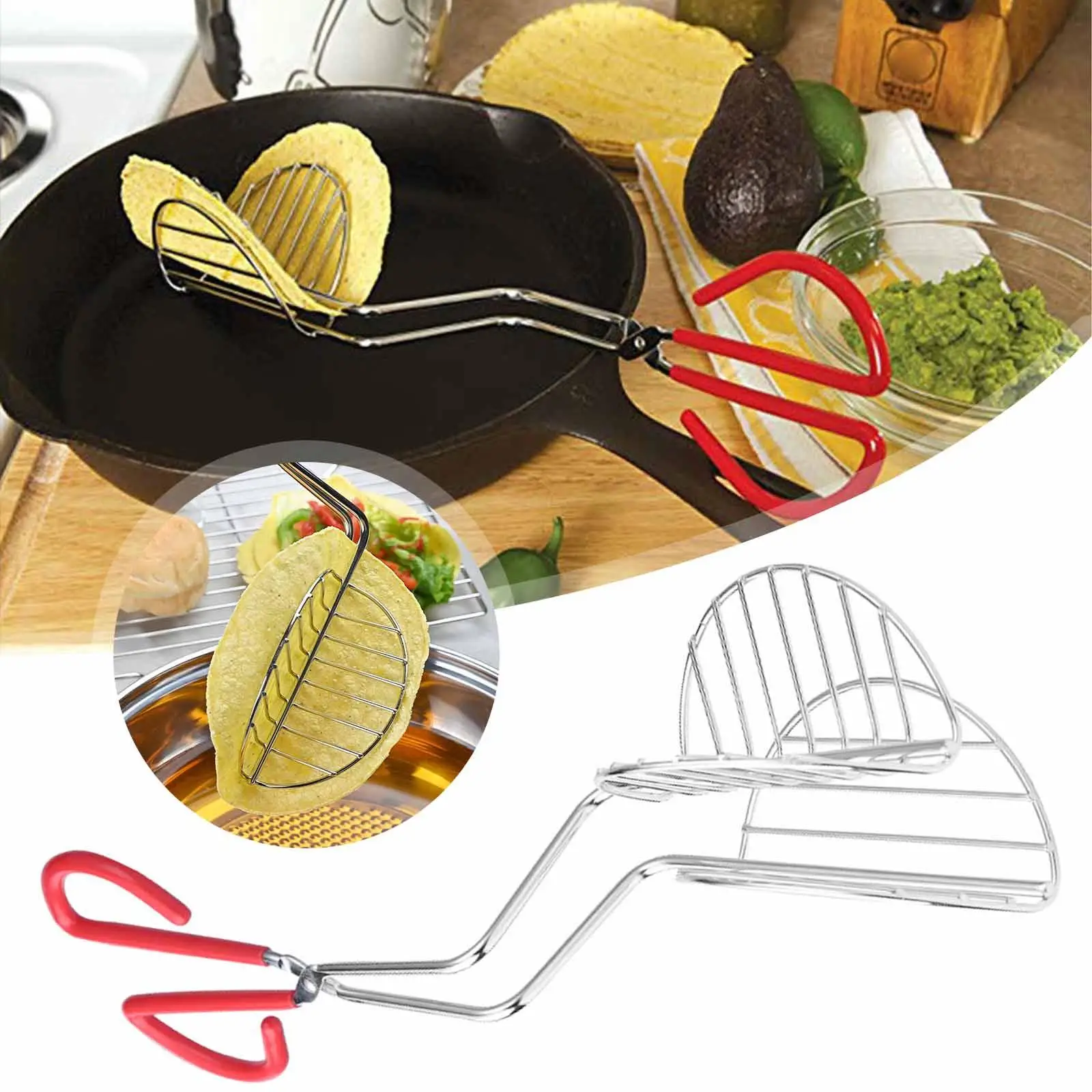 

Stainless Steel Fried Tortilla Tongs Plated Tongs with Rubber Handle Fried Potato Chips Press Mold Device Kitchen Accessories