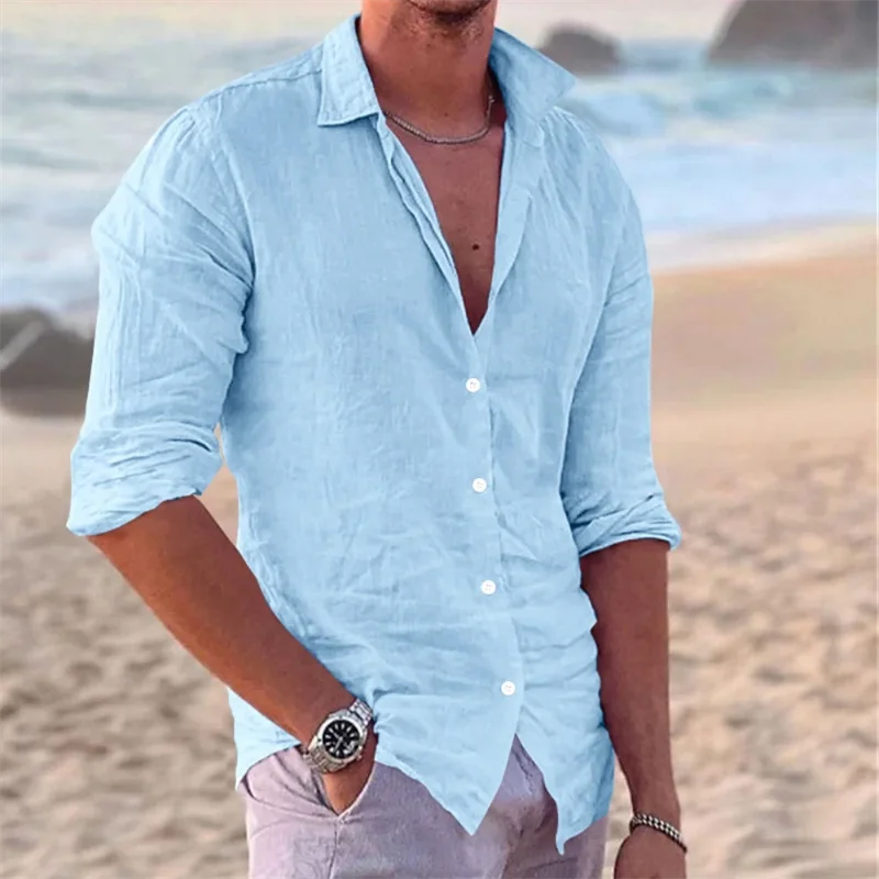 New Men's Cotton and Linen Long Sleeve Shirt Fashion Casual Lapel Beach Shirt Solid Color Hawaiian Vacation Shirt