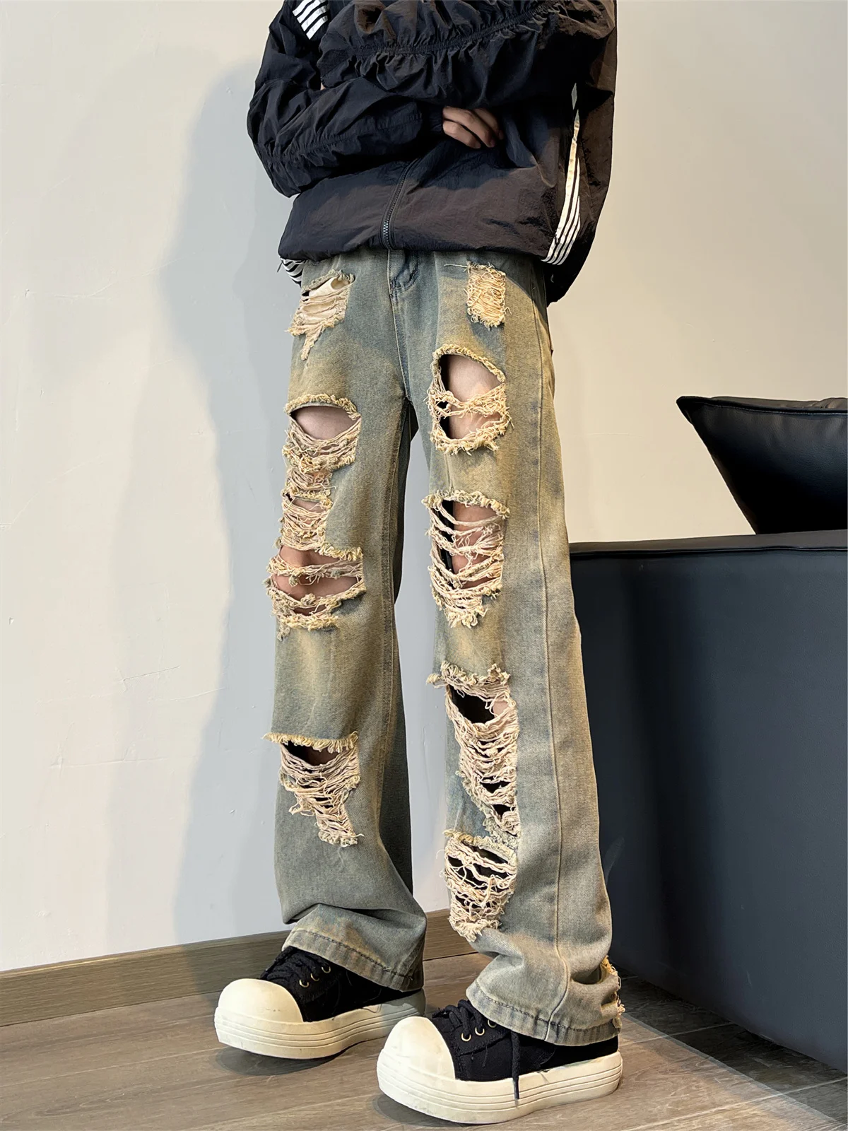 

Retro American Hip Hop Street Sle Men's Jeans Loose Straight Leg Torn Waed out Casual Summer Denim Pants