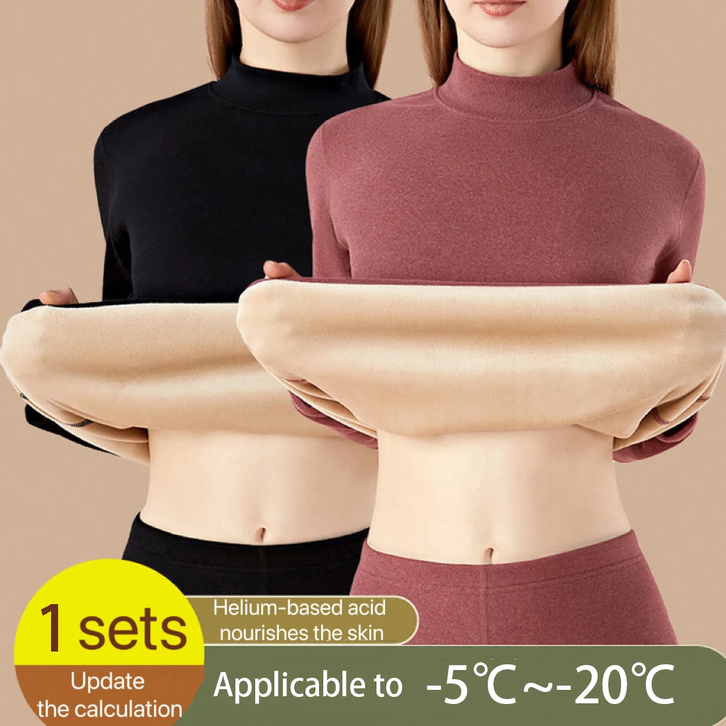 Women Thermal Underwear Sets Winter Mid-high Collar Warmth High Stretch Base Thick Velvet Tops Trousers Seamless Lingerie
