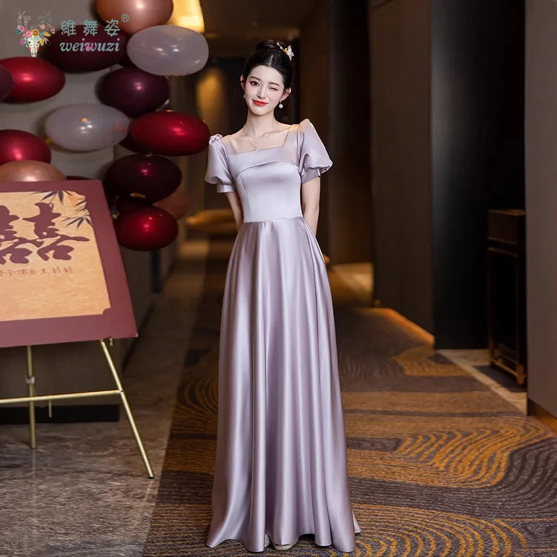 2025 novo roxo suave cetim uma linha colar fora do ombro gola quadrada mangas bolha cintura alta vestido de casamento da dama de honra