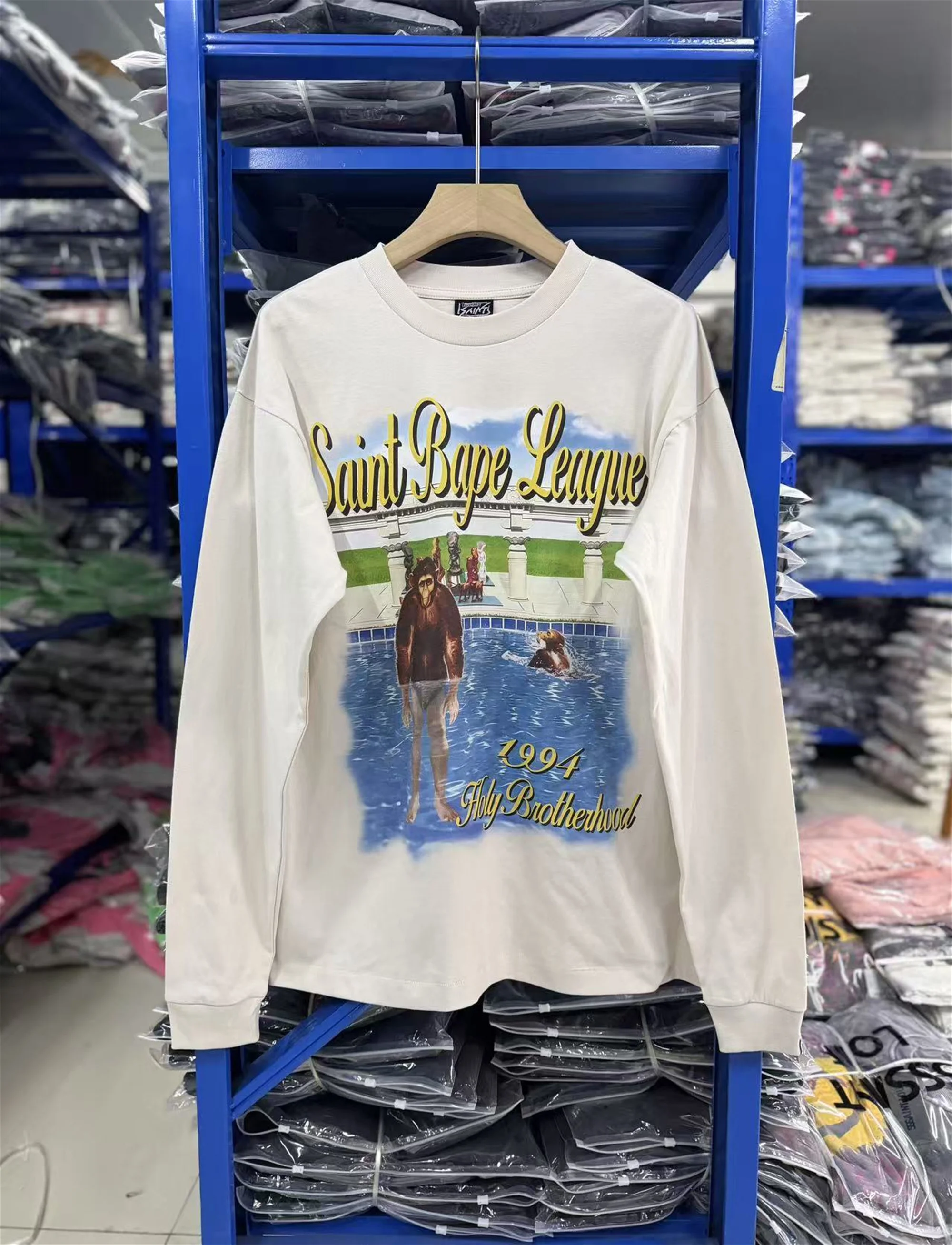 SAINT Mx6 Series Vintage Retro BAP Brand Fashion FW26 Streetwear fashion front pool monkey letter print round neck long sleeve