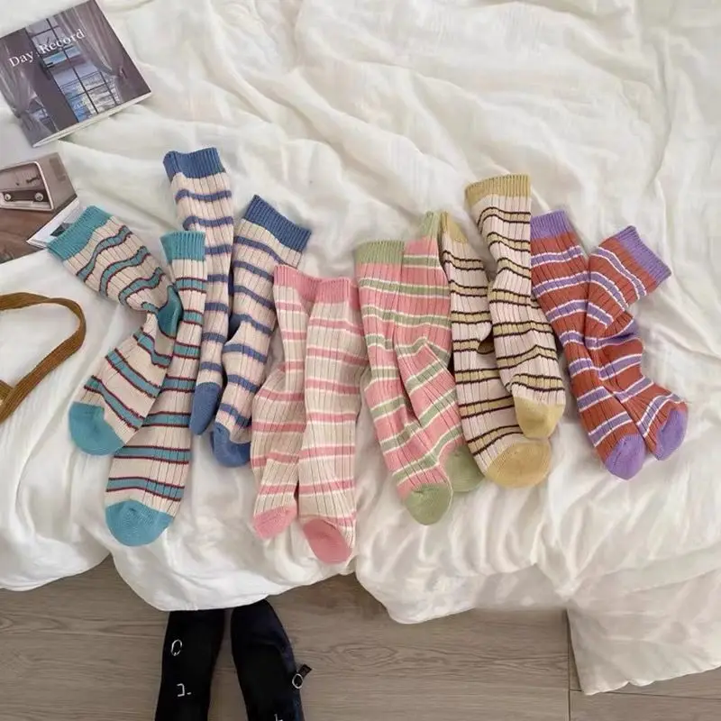 Candy Color Striped Pattern Socks for Women Cotton Blends Spring Autumn Standard Thickness Socks