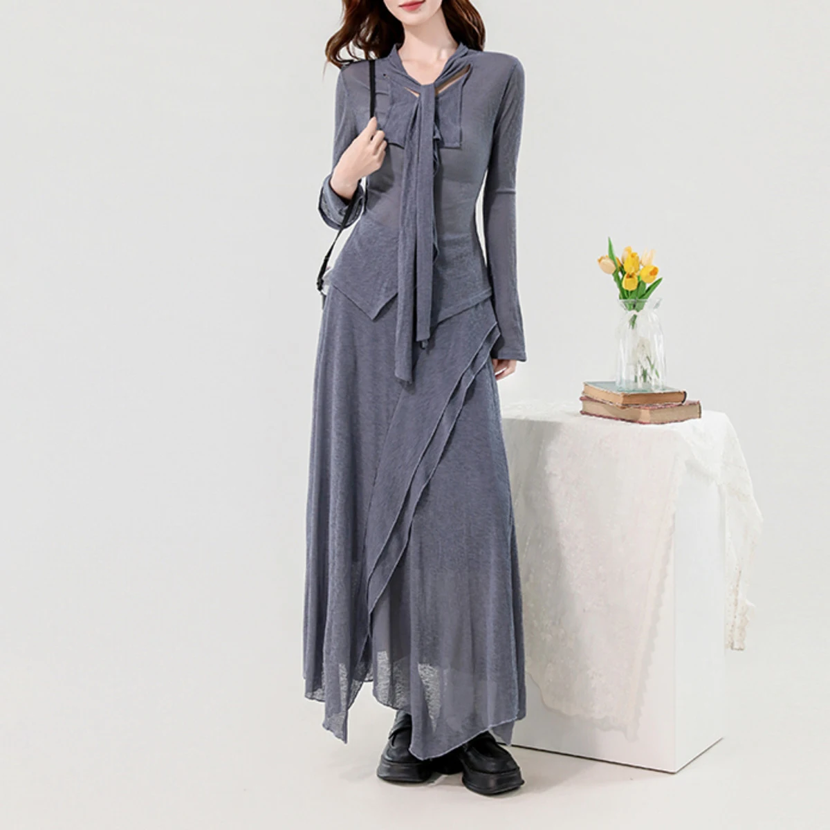 KWTX 2025 ensemble 2 pièces pour femmes à manches longues col en V volant t-shirt jupe asymétrique solide automne élégant Vintage Chic luxe