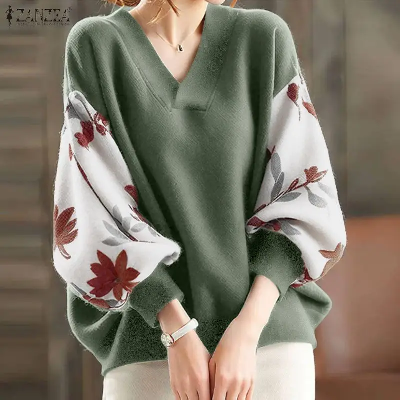 

ZANZEA модные толстовки женские джемперы с длинными рукавами винтажный принт лоскутные топы с v-образным вырезом повседневные пуловеры женская одежда свободные