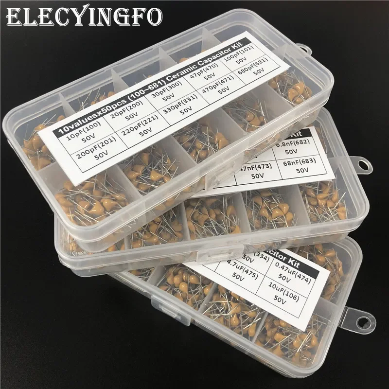 Multilayer/Monolithic Ceramic Capacitor kit 50V 0.1uF 10pF~10uF (100~106) P=5.08mm 30Valuesx50 Total 1500pcs with box