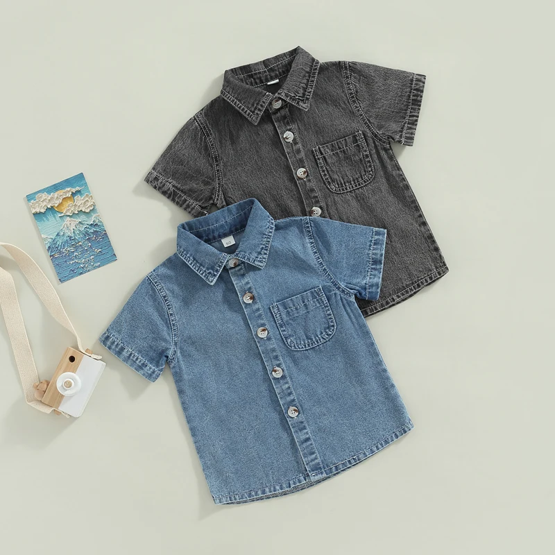 1-6Y Kids Boys Denim Shirts Toddler Boys Summer Casual Jeans Shirt Solid Color Short Sleeve Button Down Blouse Tops Outwear