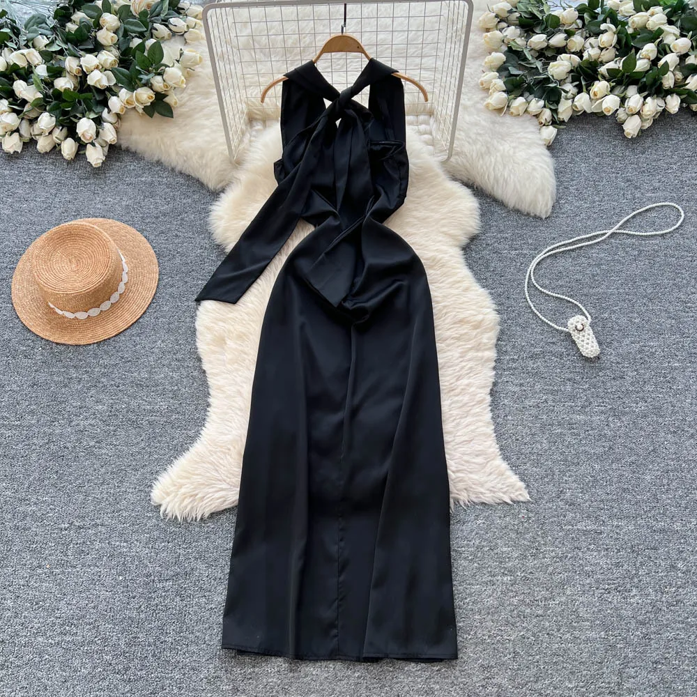 Retro Elegant  satin sleeveless slim pencil dress Casual High Waist Dress Women Long ceremony dresses