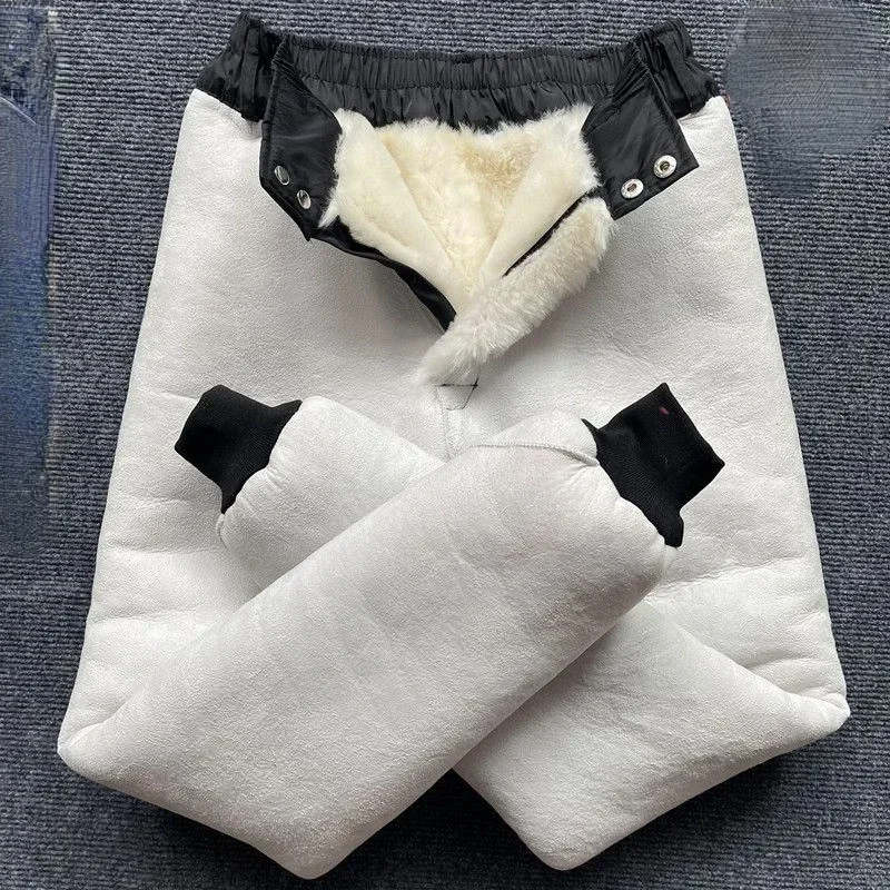 Whole Genuine Sheepskin Warm High Waist Leather Pants Men Women Pure Wool Cotton Trousers Fur Underwear Pant New Winter Clothing
